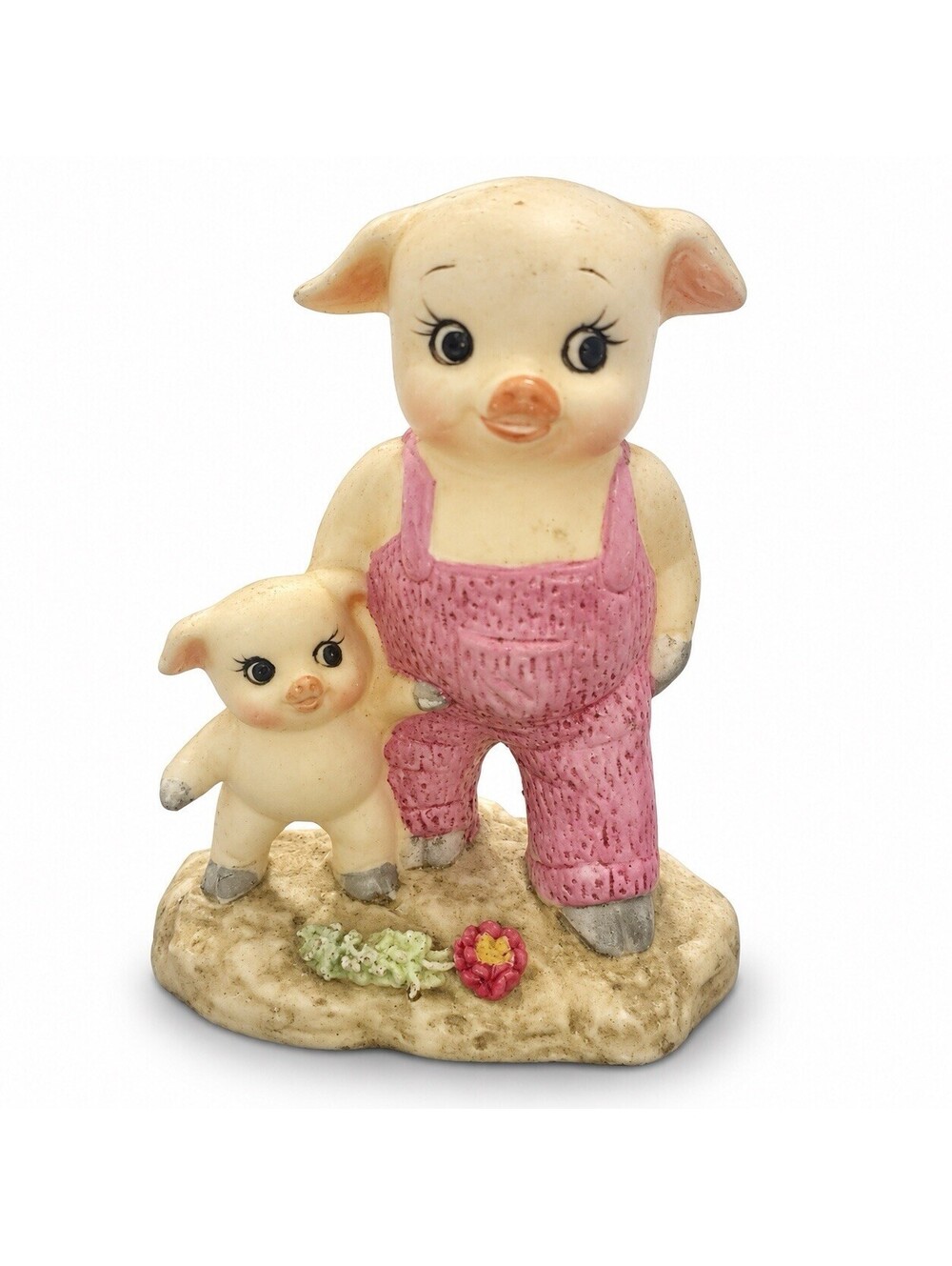 Vintage Pig & Piglet Figurine Pink Overalls Made in Taiwan Farm Decor